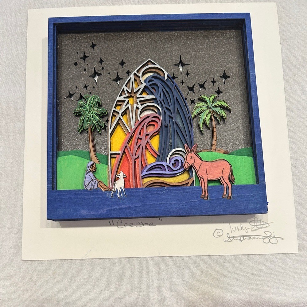 Framed Three Dimensional Hand Painted Crèche 8"x8"