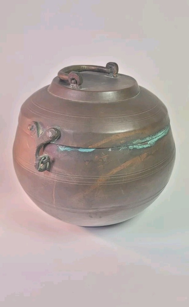 Antique Hammered Copper Round Chapati Bread Box Original Old Hand Crafted