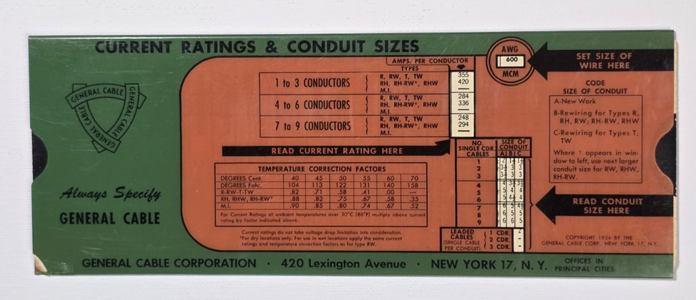 1954 General Cable Motor Wiring Data & Current Rating Conduit Sizes Slide Rule