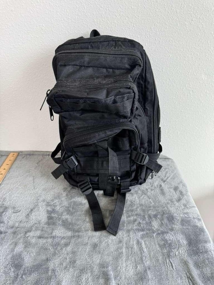 Black Nylon Tactical Backpack Adjustable Straps Multiple Compartments Zip Buckle