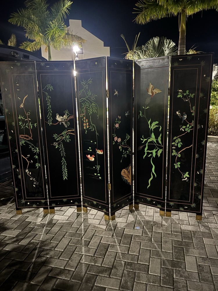 Antique Oriental 6 Panel black Lacquered Coromandel Screen Double-Sided Divider