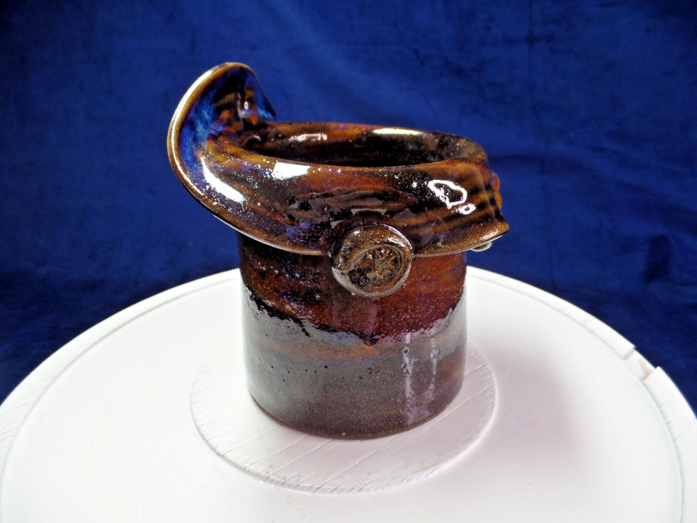 Wall Pocket/Planter Studio Pottery Glazed Handmade Blue Browns Signed