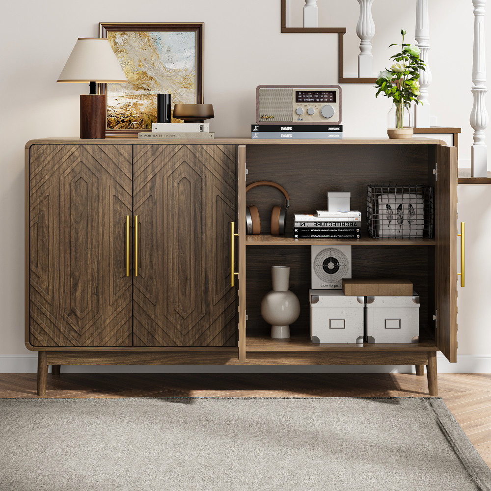Sideboard with carved doors, storage compartments, and adjustable shelves