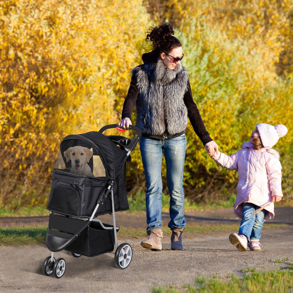 3/4-Wheels Foldable Pet Stroller Dog Cat Stroller w/Storage Basket & Cup Holder