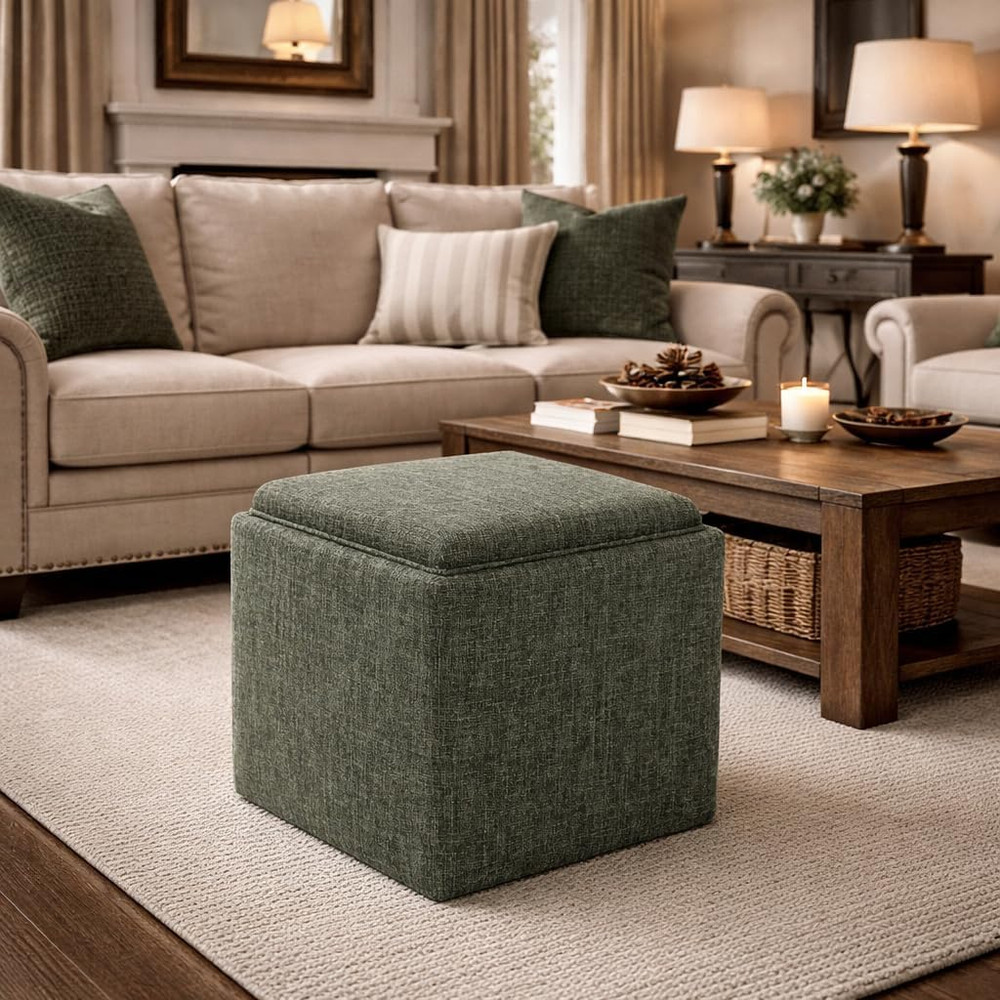 Home Decor Storage Ottoman with Tray Top|Upholstered Modern Square Storage Ottom