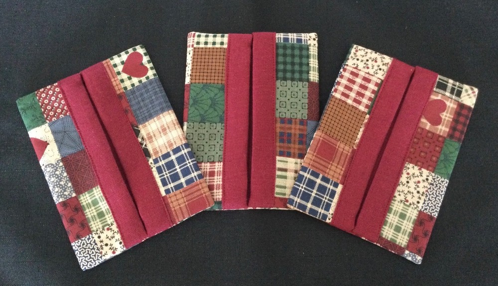 Pocket/Purse Tissue Holder; 3 1/2” x 4 3/4”; Patchwork Print/Maroon; FREE Ship