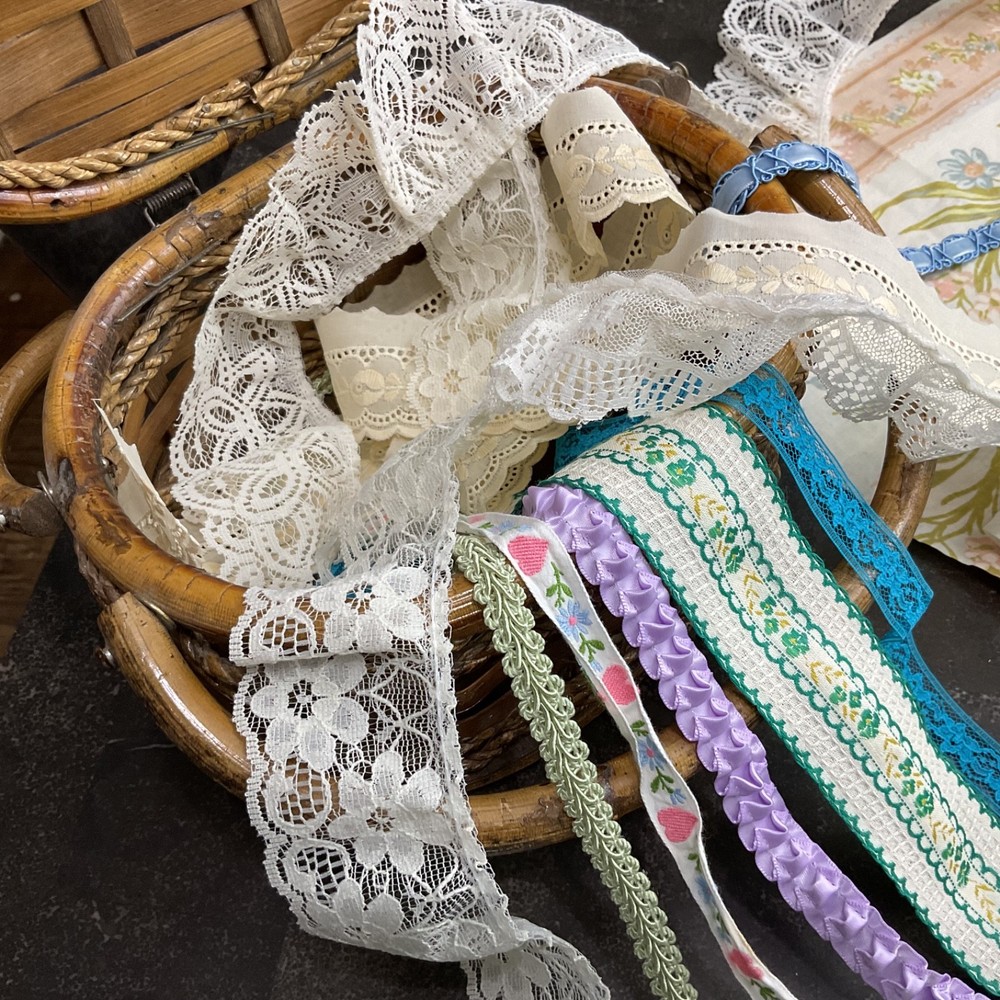 Vintage Sewing Basket Bundle – Fabric, Lace, Ribbon, Embroidery Thread & Pattern