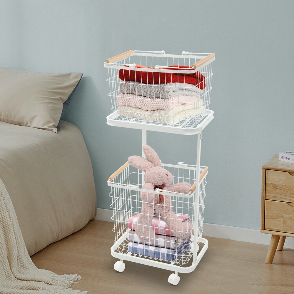 2 Tier White Laundry Basket With Wheels Metal Rectangular Laundry Basket