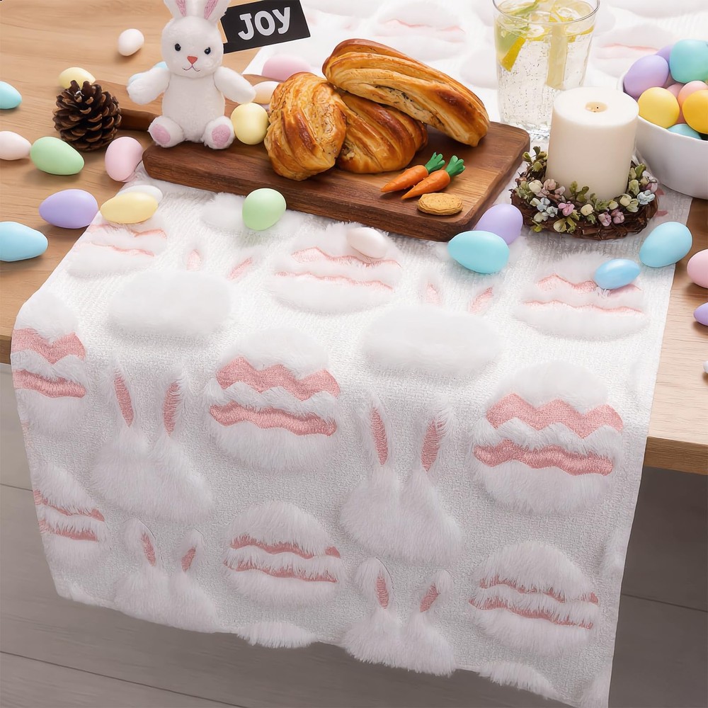 Easter Bunny Egg Table Runner - 13x72 Inch Spring 3D Rabbit Egg Jacquard Tabl...