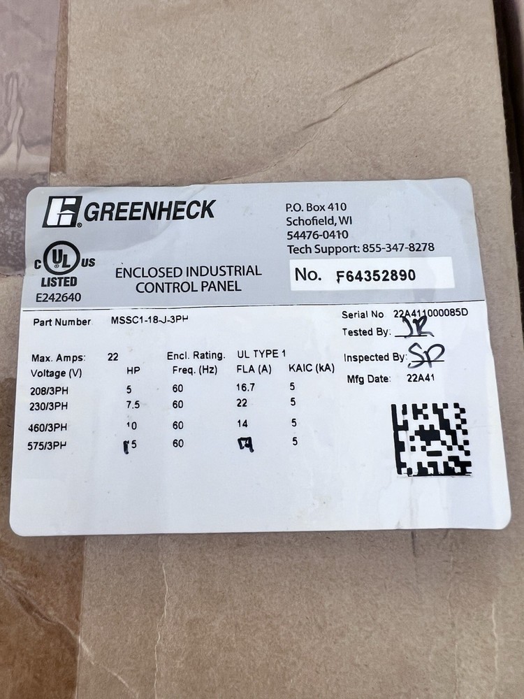 GREENHECK 3 PHASE MOTOR STARTER  PANEL W/ SMART START