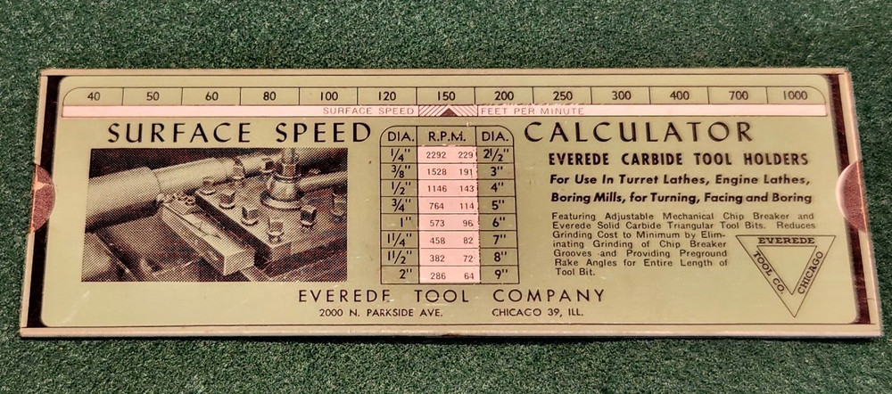Vintage EVEREDE TOOL COMPANY Surface Speed Calculator - Nice!