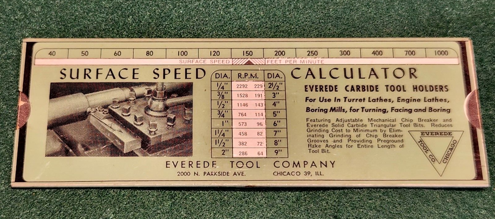 Vintage EVEREDE TOOL COMPANY Surface Speed Calculator - Nice!