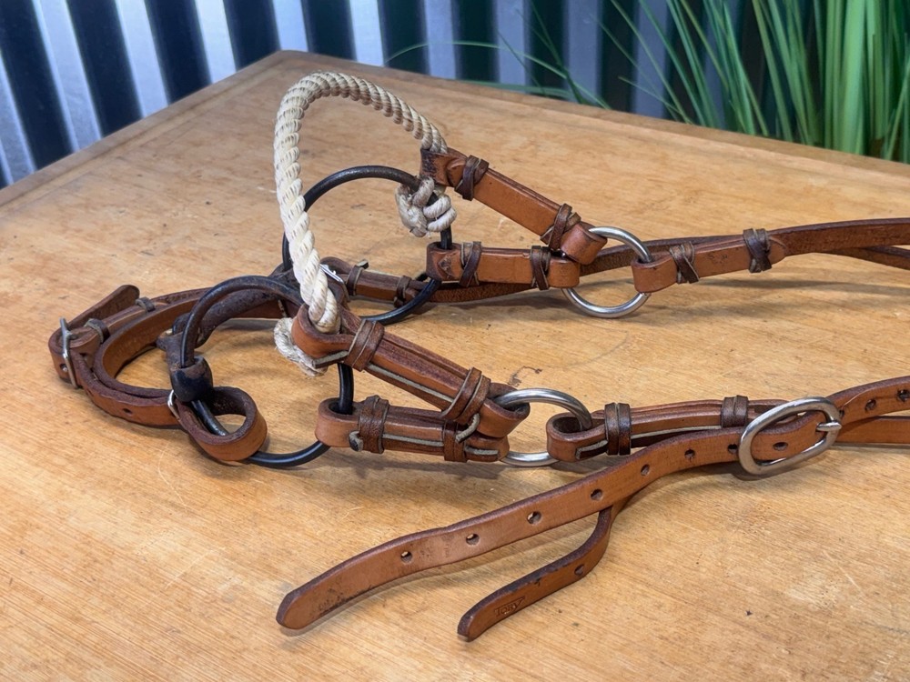 TORY Leather Rope Nose SidePull Western Training Headstall w Snaffle Bit