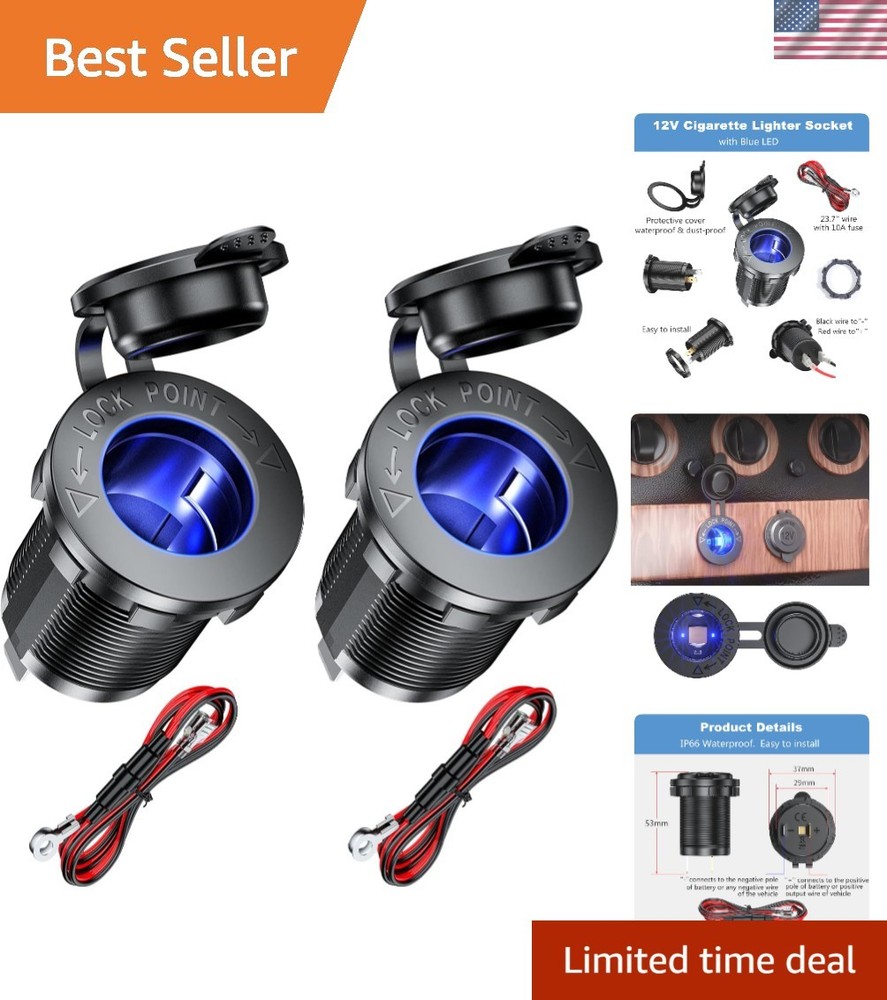 Durable Blue LED 12V Cigarette Lighter Socket 2 Pack - Waterproof & Eco-Friendly