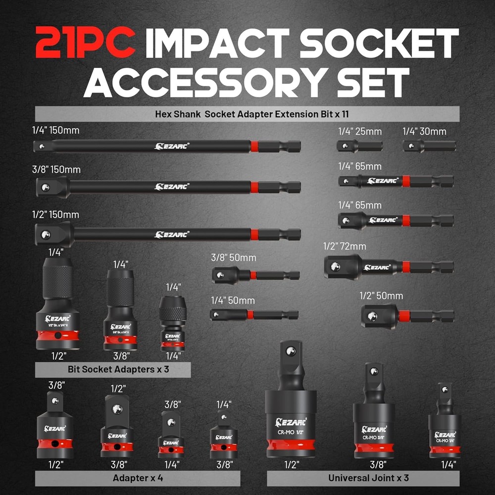 EZARC 21PCS Impact Socket Adapter Set, Include CR-MO Universal Swivel Socket Set