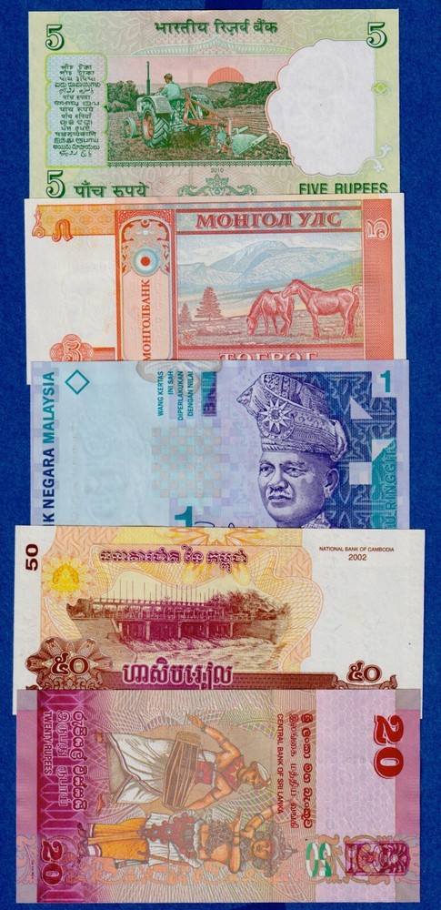 Asia Combo - 5 Diff. Notes from 5 Diff. Countries - India,Sri Lanka,Malaysia etc