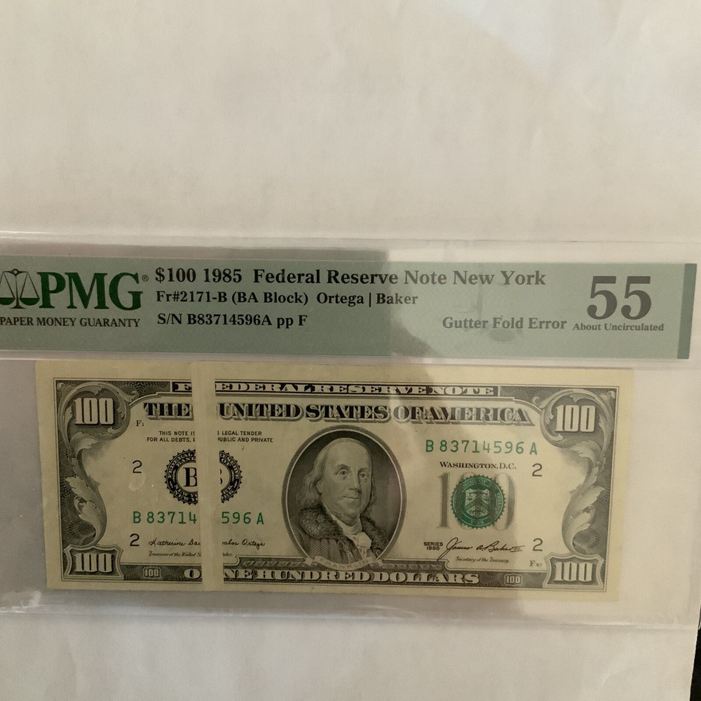 FR#2171-B $100.00 Gutter Fold Error. PMG 55 A.U. Series 1985 Fed Res Note