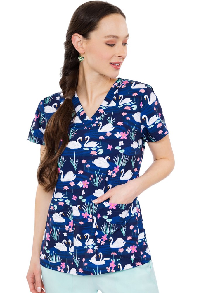 Serene Swans Med Couture Print Scrub V Neck Top MC8564 SSWN