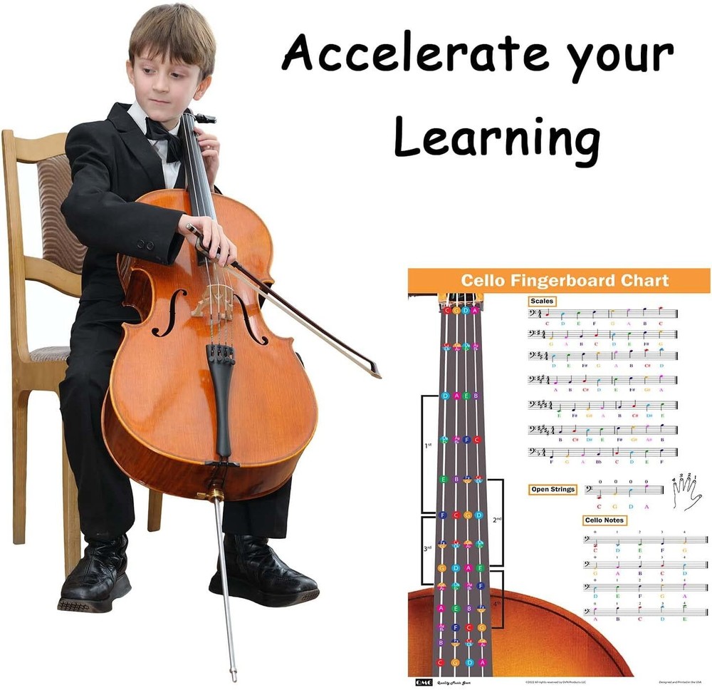 QMG Cello Fingering Chart with Color-Coded Notes, Scales 11x17, Silver