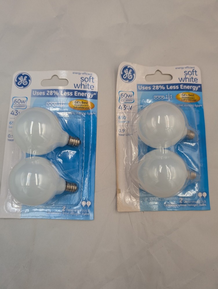 4 GE Soft White G16.5 Light Bulbs Decorative Candelabra Base 43w 60w Replacement