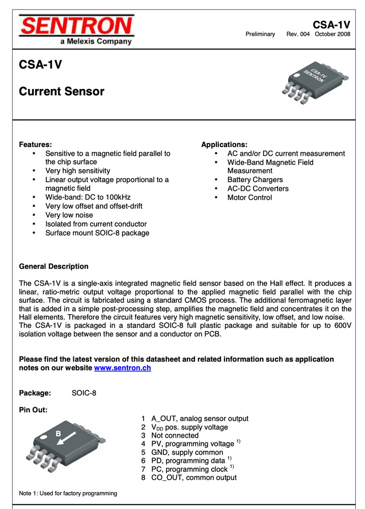 (6) Sentron CSA-1V Hall Effect Current Sensors SO-8