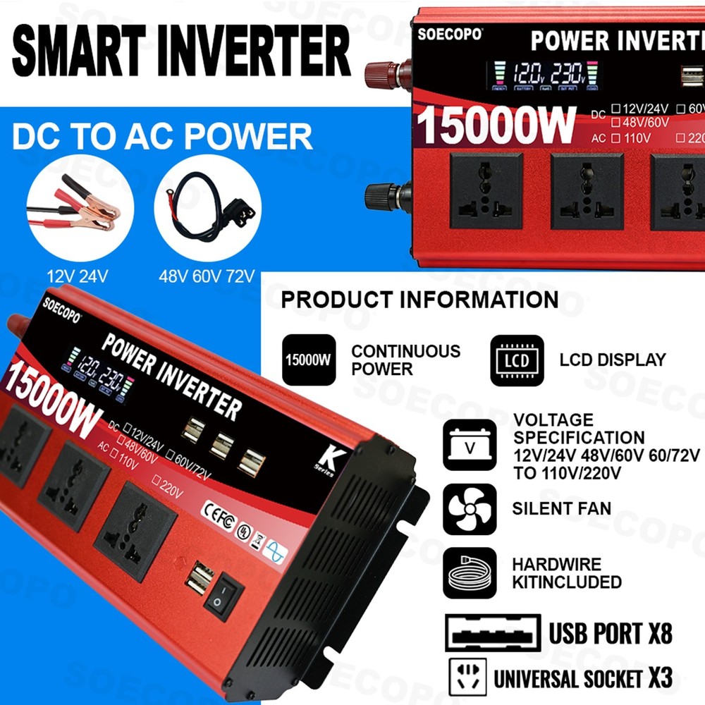 Pure Sine Wave Solar Converter 15000W Car Power Inverter DC 12-72V To AC 110VfC