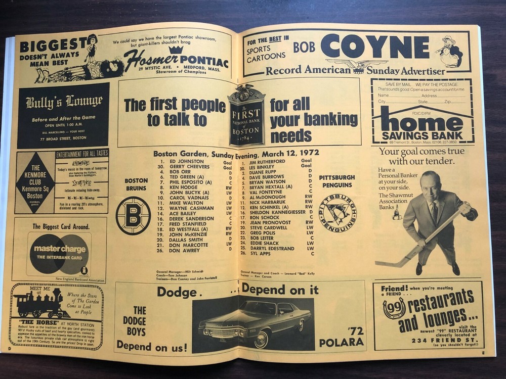 BOSTON BRUINS vs PITTSBURGH PENGUINS 3/12/72 Program EXCELLENT - BOBBY ORR