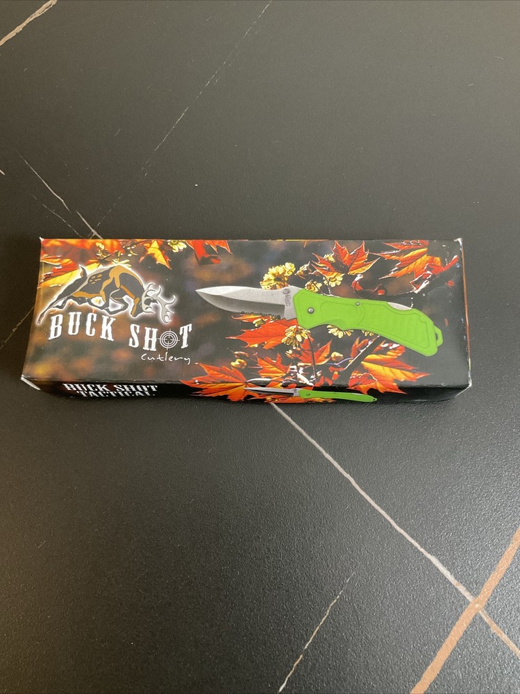 Buck Shot Tactical 5 1/4" Folding Lockback Thumb Stud SS Blade W/Green Handle