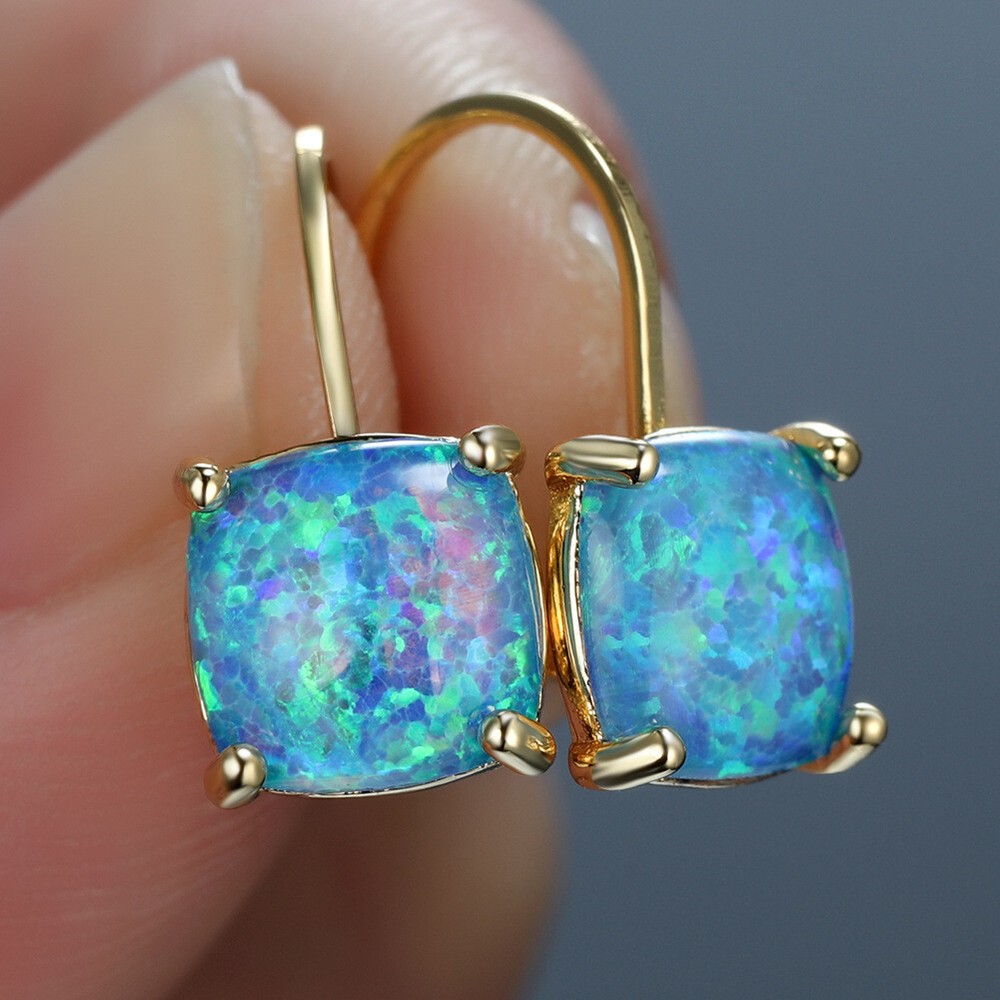 Blue Opal Round Dangle Earrings, Gold Plated Blue Opal Silver, Earring 8mm