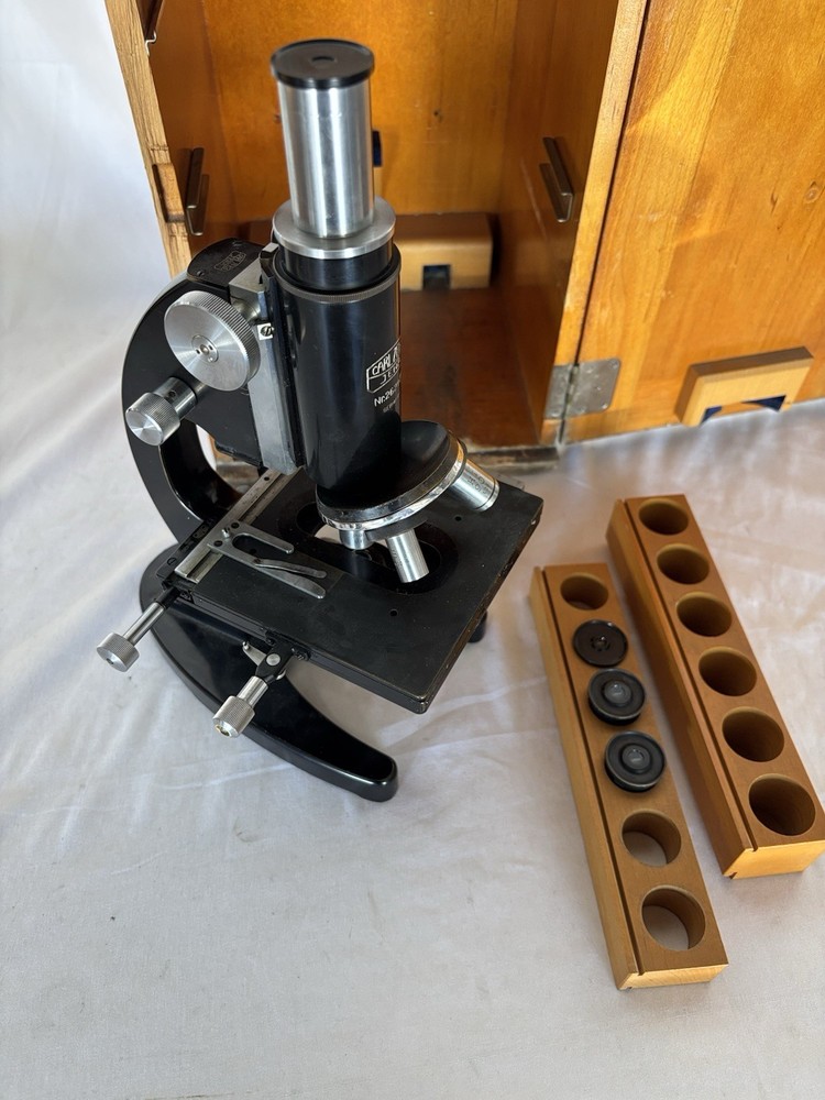 Carl Zeiss Jena Microscope with Box and Binocular Attachment