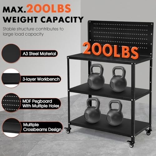 Heavy Duty 200LBS Workbench with Pegboard & Lockable Wheels, Rolling Tool Storag