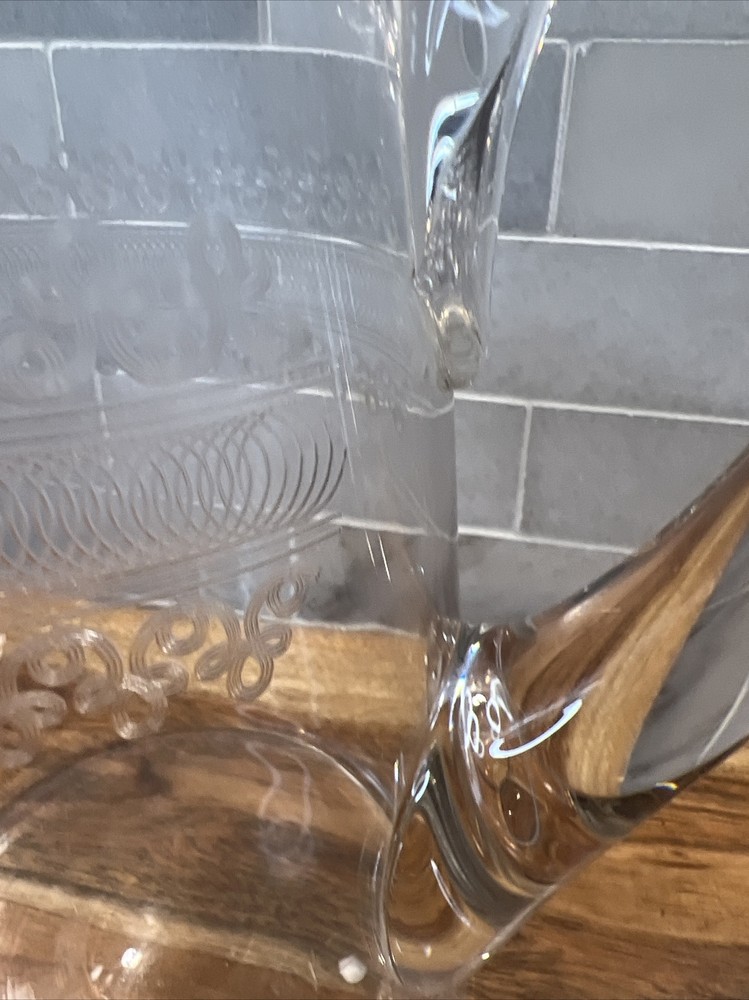 HAND BLOWN CRYSTAL ETCHED PITCHER 48oz OPEN LIP CRYSTAL APPLIED HANDLE