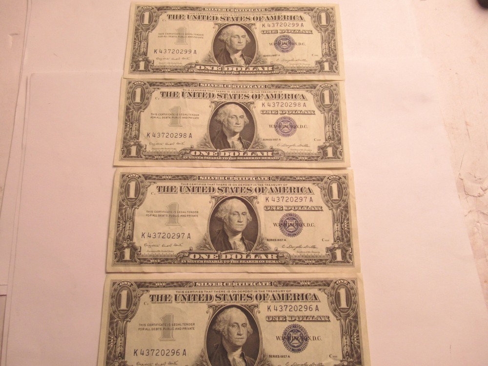 FOUR Consecutive 1957 A $1 Silver Certificates, UNC