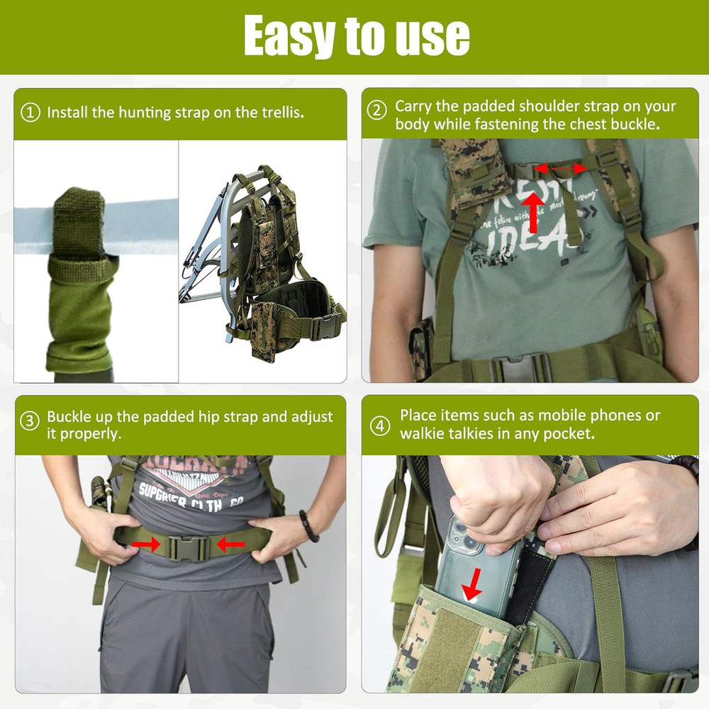 Tree Stand Carrier Backpack with Padded Straps, 8 Connection Points & 3 Pockets,