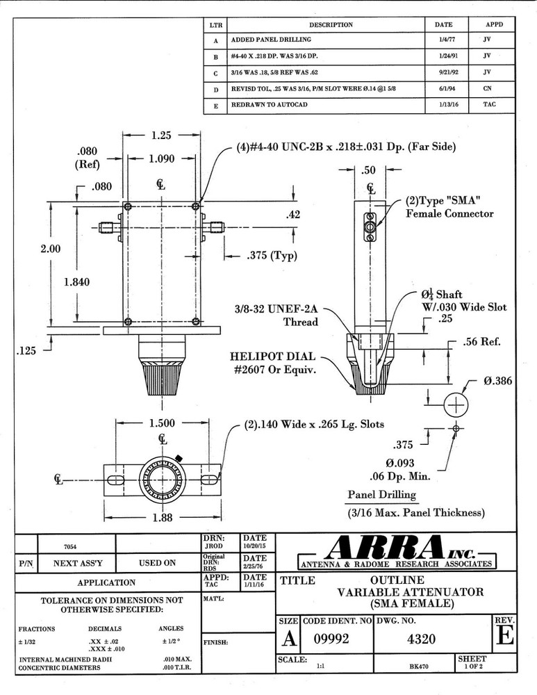 ARRA P5813-20B 20dB Miniature Continuously Variable RF Microwave Attenuator 1059