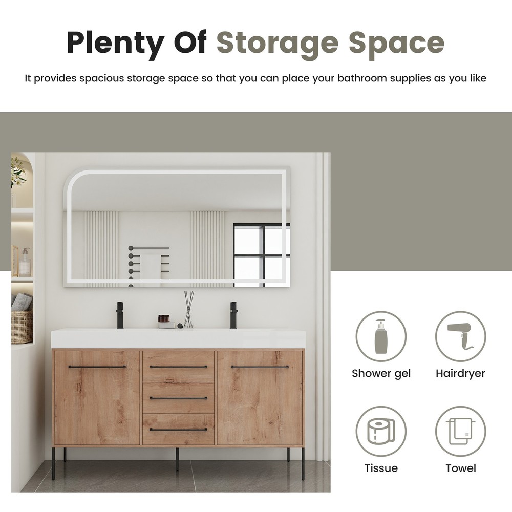 60" White Double Sink Vanity w/ Soft-Close Doors & 3 Drawers
