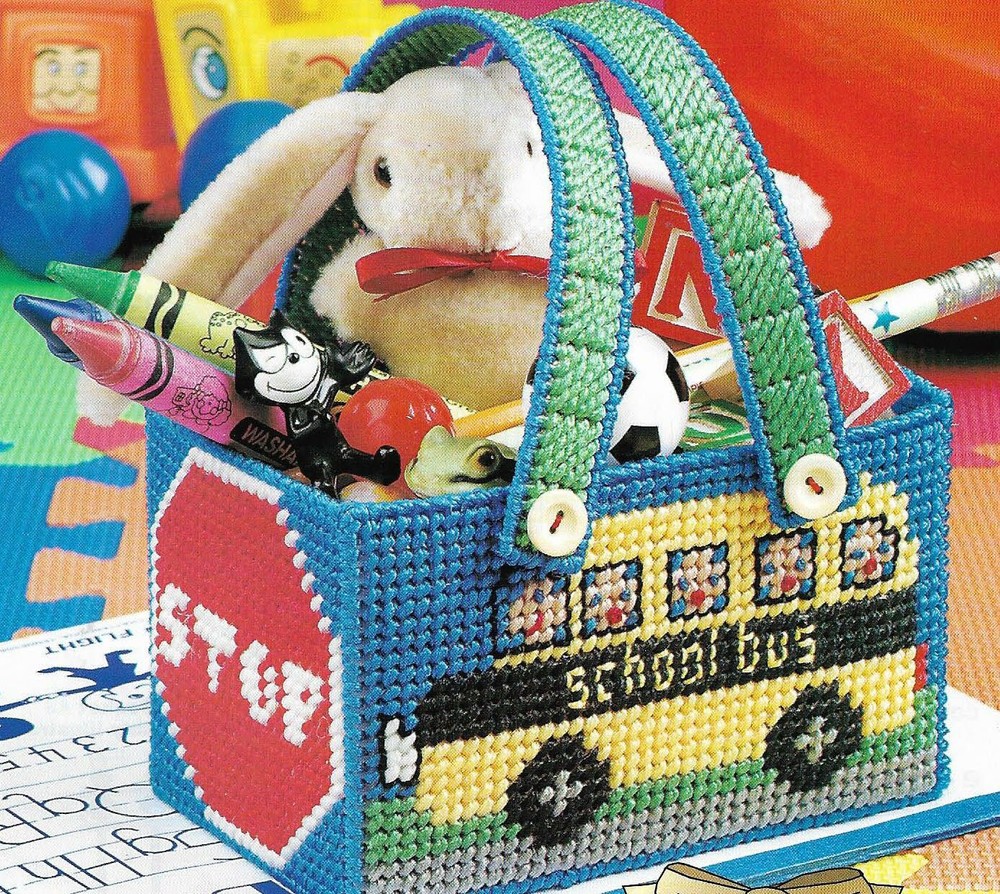 SCHOOL BUS BASKET TOTE SUPPLY HOLDER PLASTIC CANVAS PATTERN INSTRUCTIONS