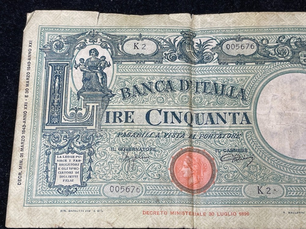 1943 Italy 50 Lire Banknote