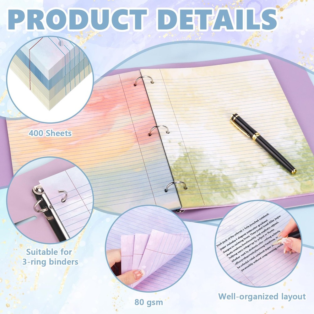 400 Sheets Letter Size Colored Loose Leaf Paper College Ruled For 3-Ring Bind...