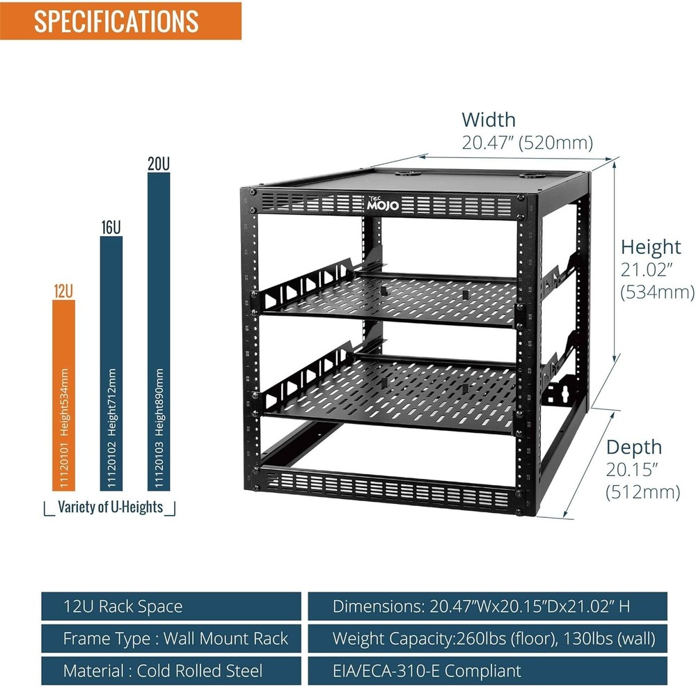 12U Open Frame Network Rack for IT & AV Gear, AV Rack Floor Standing