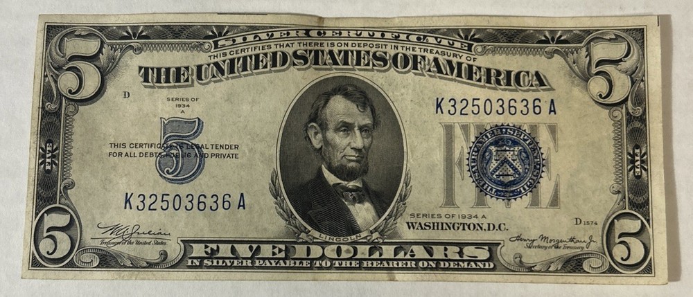 1934 A $5 Five Dollar Silver Certificate ~ Circulated