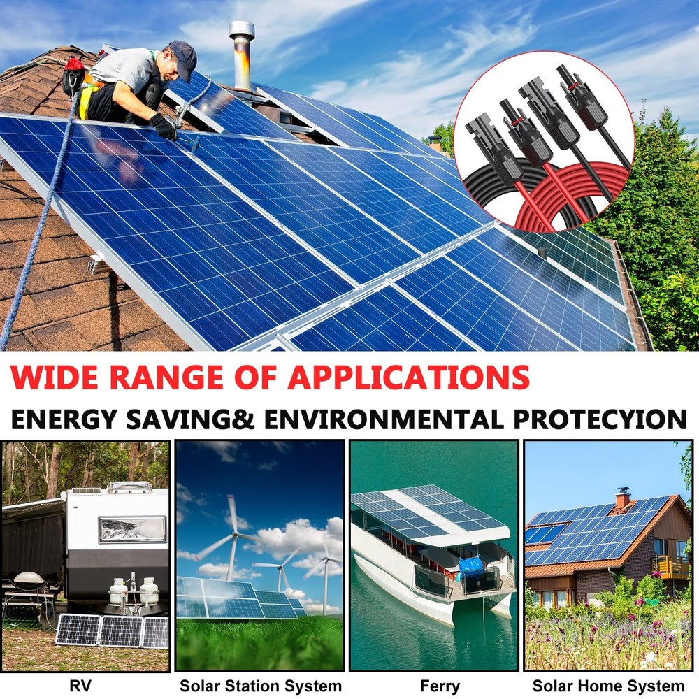 2x30 Feet Solar Panel Extension Cable- 10AWG Solar Cable Solar Panel Cable wi...