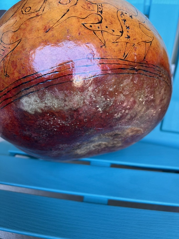 Beautiful,hand painted, carved Petroglyph GOURD