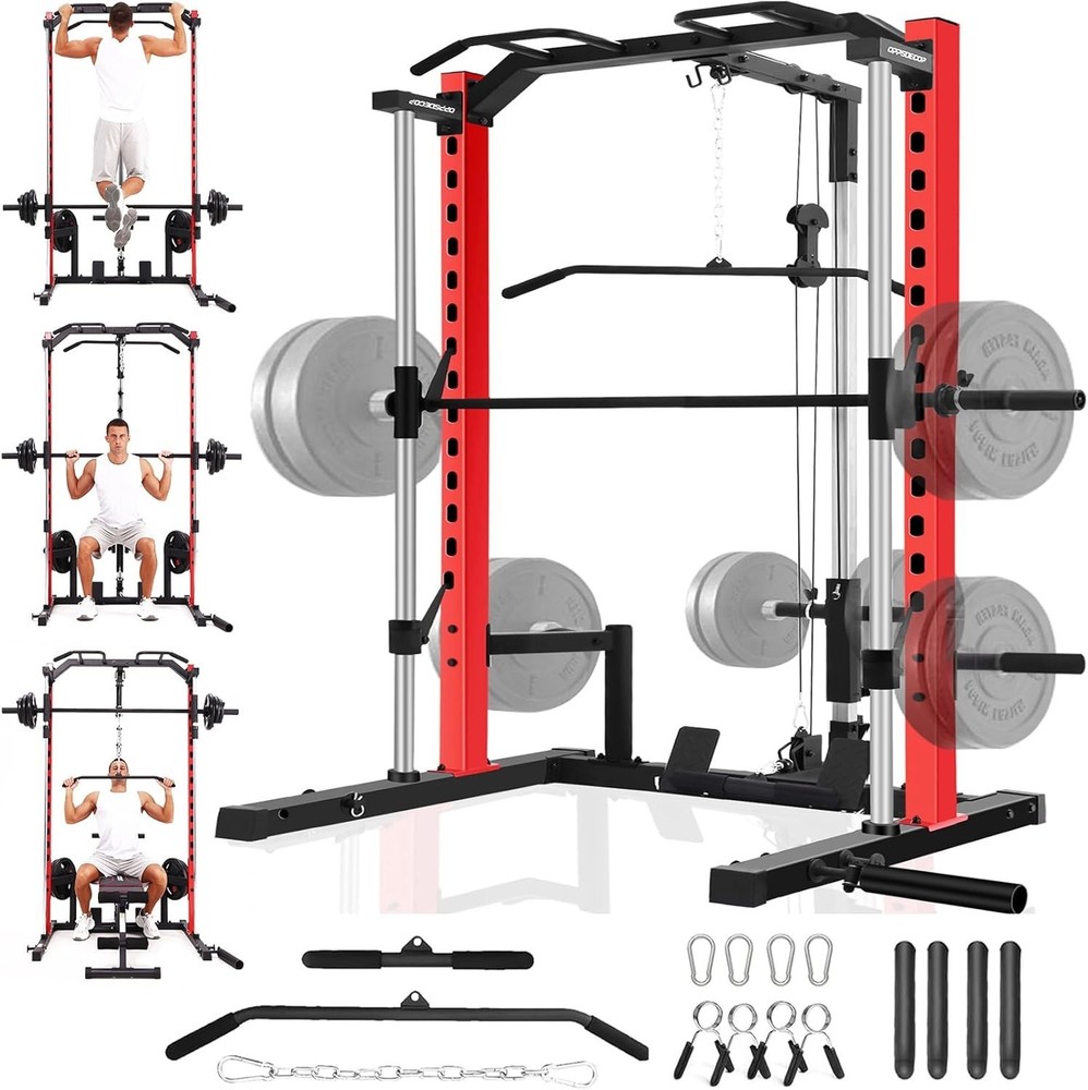 Smith Machine Power Cage Rack Squat Rack w/LAT-Pull Down System No Weights Bench