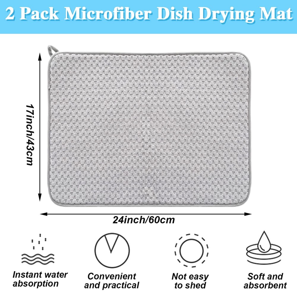 2 Pack Microfiber Dish Drying Mat,24*17 inch Absorbent Dish Drainer Kitchen C...