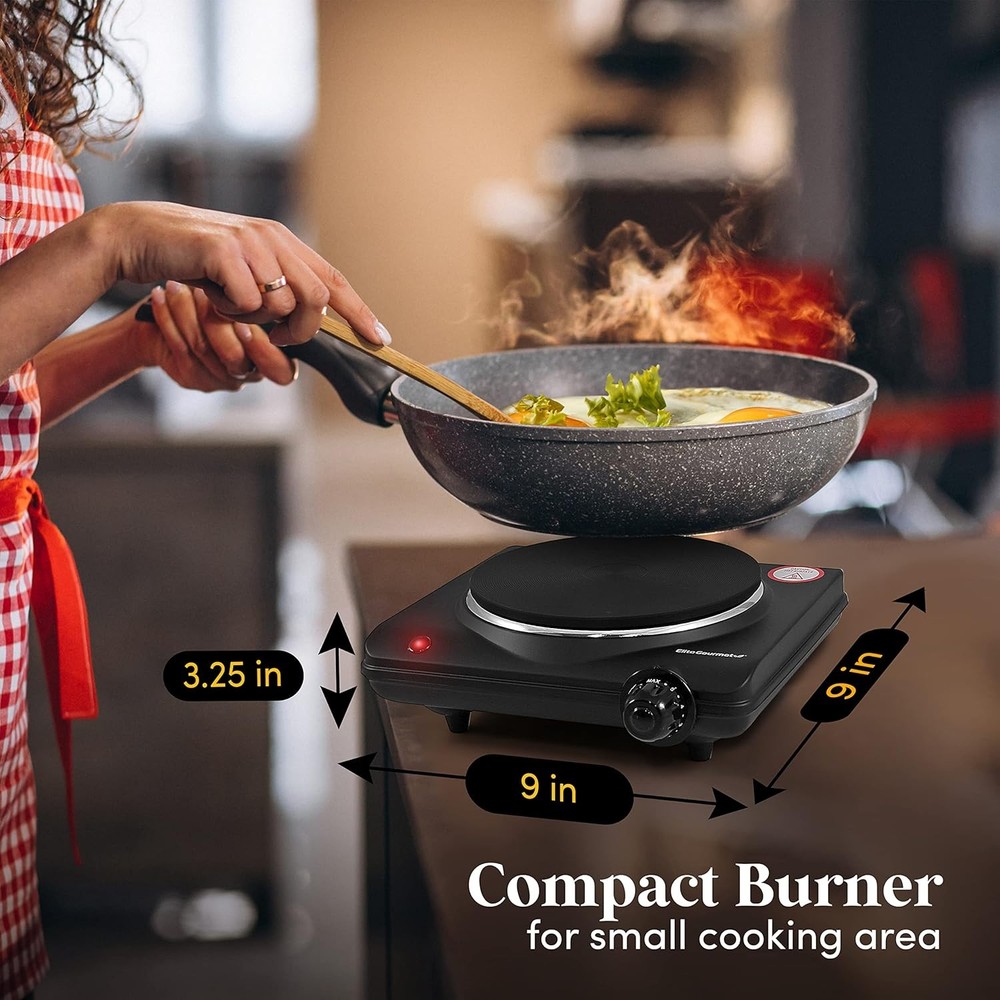 Single Cast Iron Hot Plate 1000W - Temp Control, Easy Clean, Indicator - Black