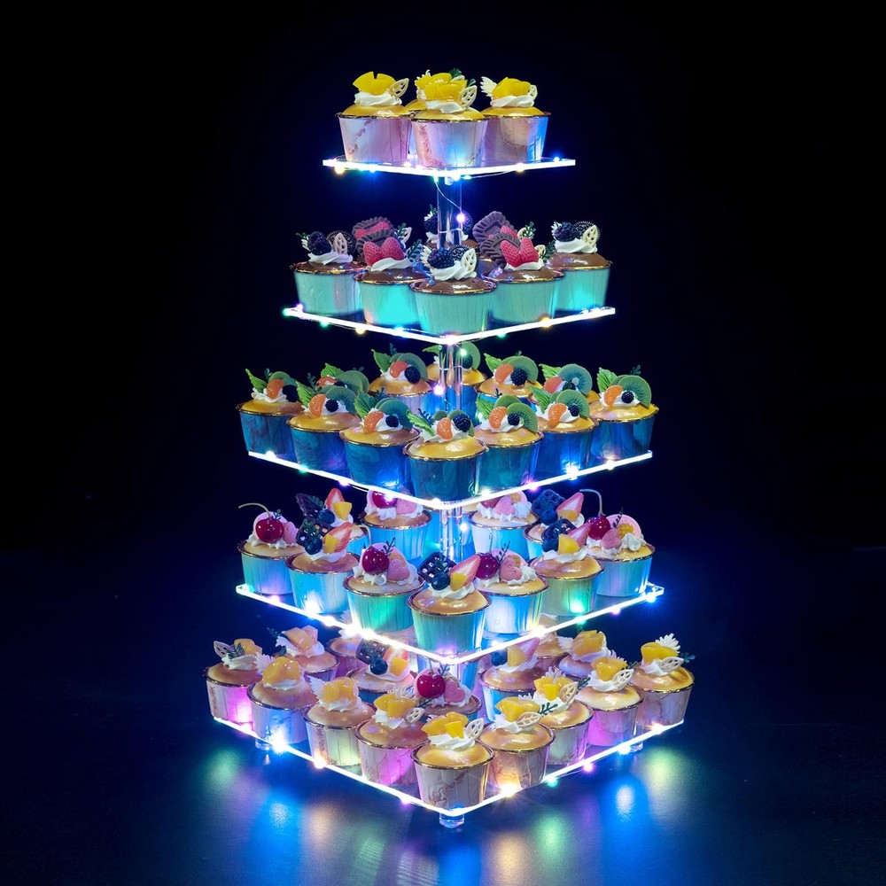 OLACHIKKO 5-Tier Square Cupcake Stand with LED Light String - Acrylic Display