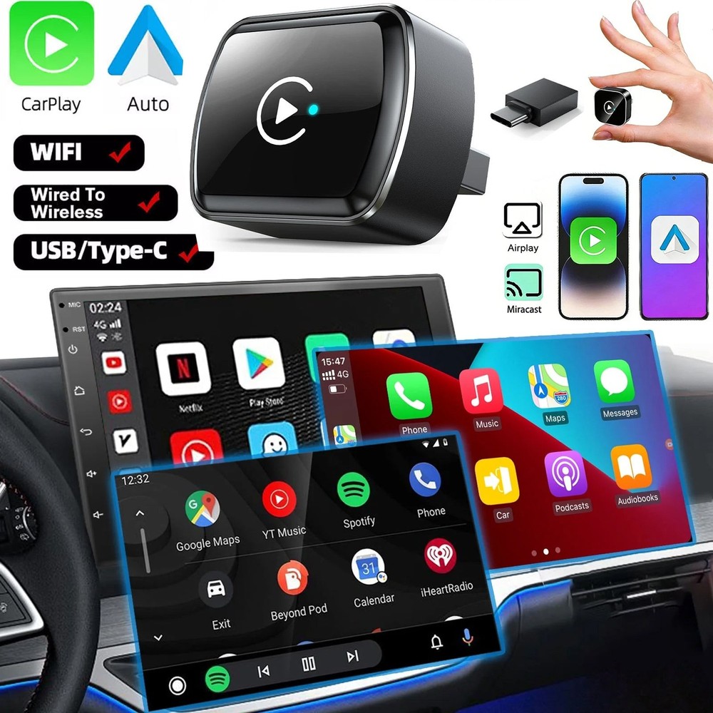 4 in 1 Carplay Wireless Adapter for iPhone Android USB Car Dongle Plug & Play