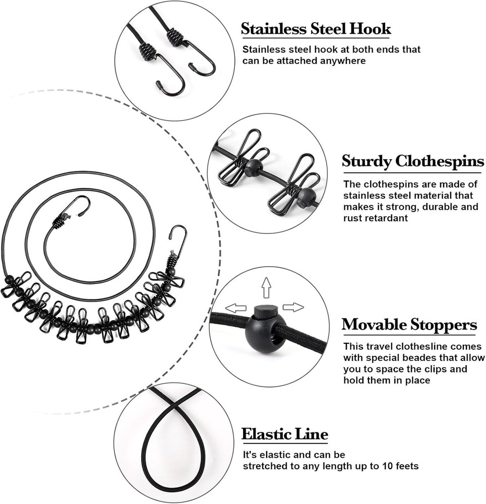 Clothesline Camping Essentials, Portable Retractable Clothesline with 12pcs C...