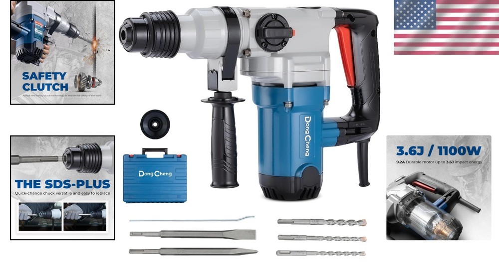 Powerful 9.2 Amp Rotary Hammer Drill with Adjustable Handle, 3 Drill Bits
